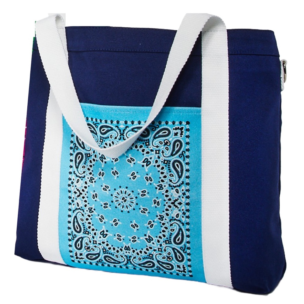 Bloomingdale’s Blue & White Paisley Canvas Tote Bag w/ Exterior Pocket